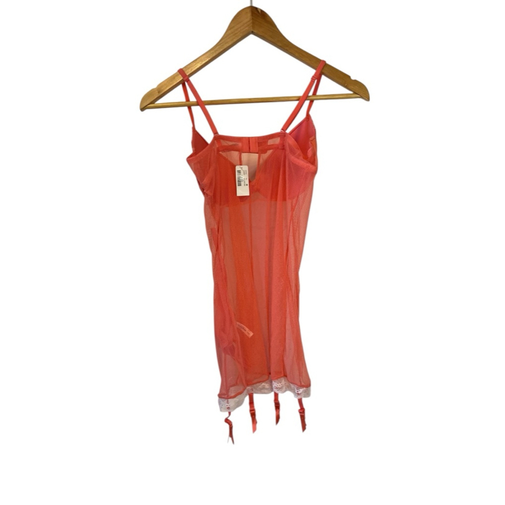 Women's Coral Chemise & Slip with White Lace Trim, Size M - Picture 3 of 10